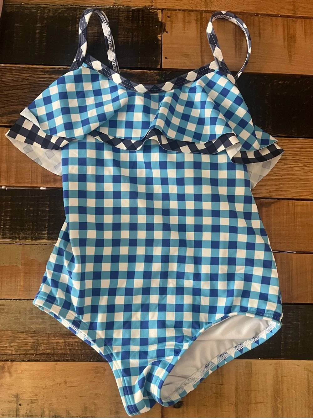NWOT Draper James Lands End Blue and White Gingham Ruffle One-Piece Swimsuit